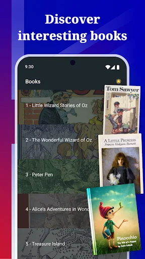 Educational book library showing classic English literature including adventure stories for language learning students