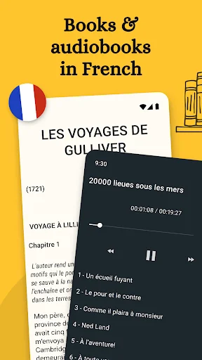 French Reading & AudioBooks app interface showing dual language learning with book text and audio player controls