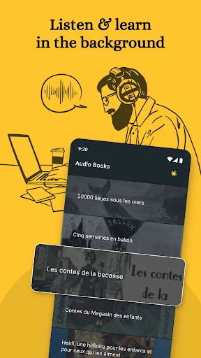 Multitasking audio learning interface showing French books app with background listening capabilities