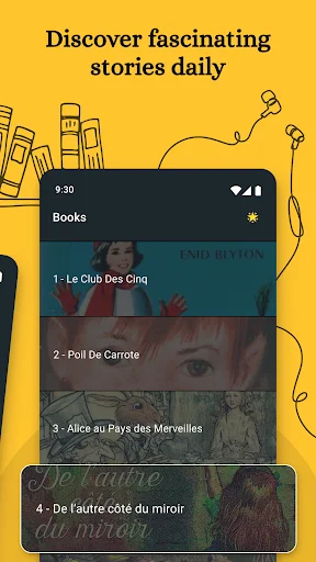 Book library in French Reading app displaying story collection with colorful covers for daily language learning