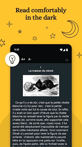 Dark mode reading interface in French language app with adjustable text size and night reading features