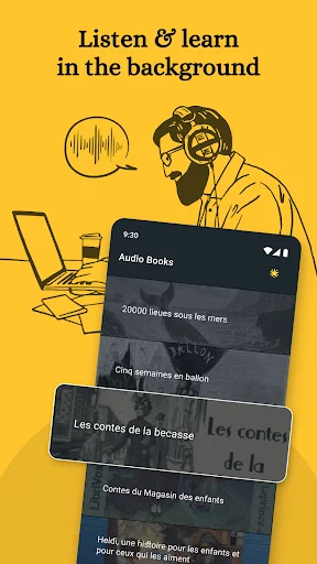 Background listening feature in French AudioBooks app with illustrated person using headphones while working