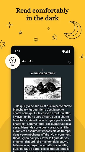 Night reading mode in French language app with dark theme, adjustable fonts and comfortable reading settings