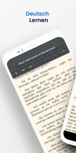 German Reading app interface showing Alice's Adventures in Wonderland story text with highlighted word selection