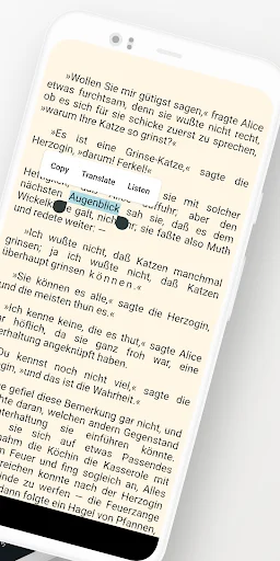 German language learning app displaying text with highlighted vocabulary word 'Augenblick' for translation