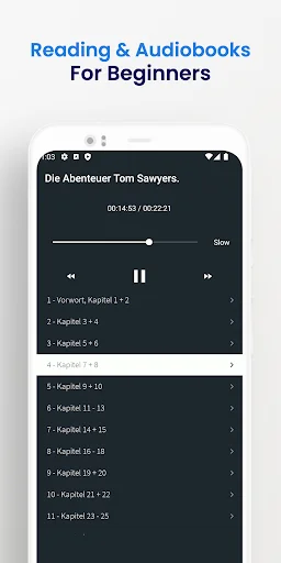 German audiobook player interface showing Tom Sawyer chapters with play controls and progress timer for beginners