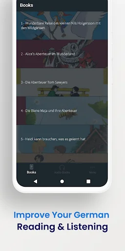 German reading app book library featuring classic stories like Alice in Wonderland and Tom Sawyer for language learning