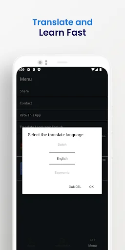 German learning app translation menu with language selection dialog showing Dutch, English, and Romanian options