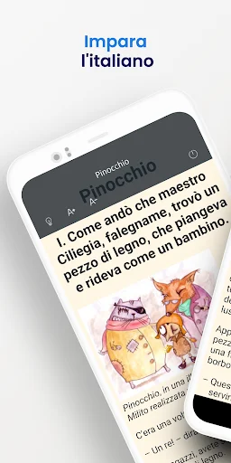 Italian Reading & Audiobooks app home screen showing Pinocchio story with illustrated characters and Italian text for language learning