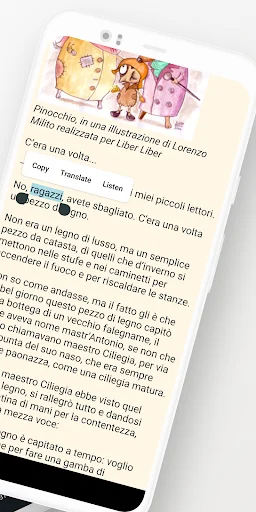 Italian language learning app displaying Pinocchio story text with colorful illustrations and reading comprehension features