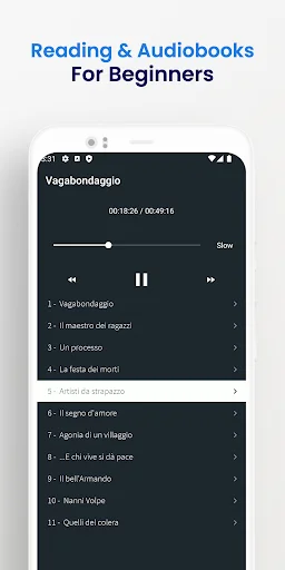 Italian audiobook player interface showing Vagabondaggio story with playback controls and chapter list for beginners