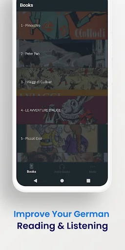 Italian learning app books library showing classic stories like Pinocchio and Peter Pan for improving reading skills