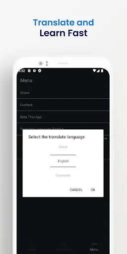 Italian language app translation feature with language selection menu for English, German and Romanian learners