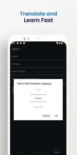 Translation settings menu with language selection dropdown showing Dutch, English, Romanian options for learning
