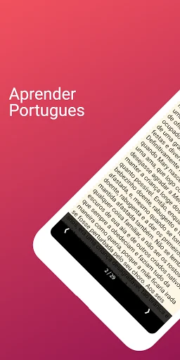 Portuguese Reading & Audiobook app cover with 'Aprender Portugues' title and mobile device showing Portuguese text