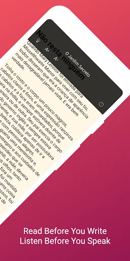 Portuguese language learning app showing text with audio controls and 'Read Before You Write, Listen Before You Speak' motto