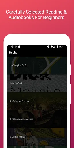 Book selection screen in Portuguese Reading app showing 5 beginner books including O Magico De Oz and Moby Dick