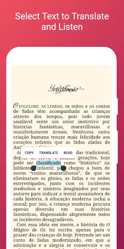 Portuguese text reader with translation and audio features, displaying folklore text with highlight and control options
