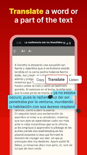 Spanish text translation feature in reading app with highlighted text, Copy, Translate and Listen buttons for language learning