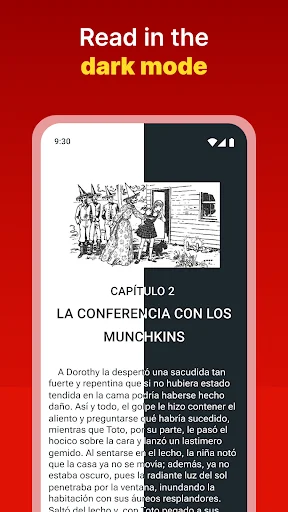 Dark mode reading interface displaying Spanish story 'La Conferencia con los Munchkins' with illustration and text