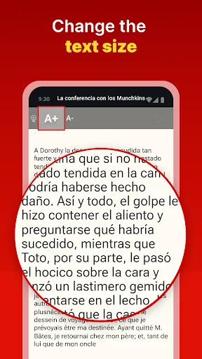 Text size adjustment feature in Spanish reading app showing enlarged Spanish text with A+ A- controls for better readability