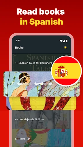 Spanish Reading & AudioBooks main library screen with beginner books, Spanish flag icon and colorful story covers