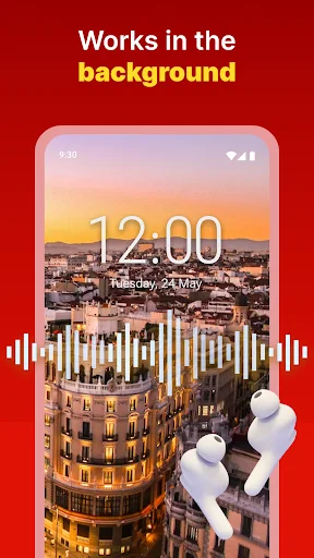 Audio background mode displaying Spanish audiobook with city skyline, earbuds and sound visualization for hands-free learning