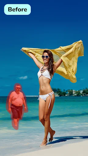 Remove Objects app beach photo editing before and after: woman with yellow fabric, unwanted person removed from background