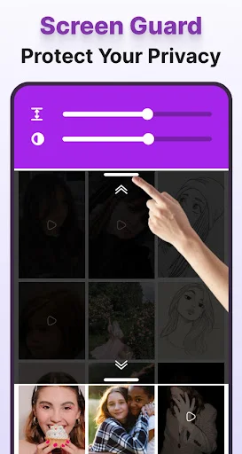 Screen Guard privacy app interface showing purple control panel with opacity sliders and darkened screen protection overlay