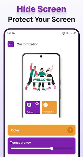 Hide Screen customization menu showing phone mockup with transparency slider and color options for personalized privacy protection