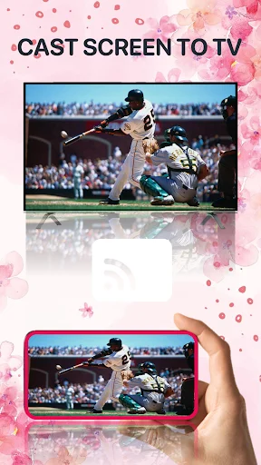 Screen mirroring app interface showing baseball game cast from Android phone to TV display for live streaming