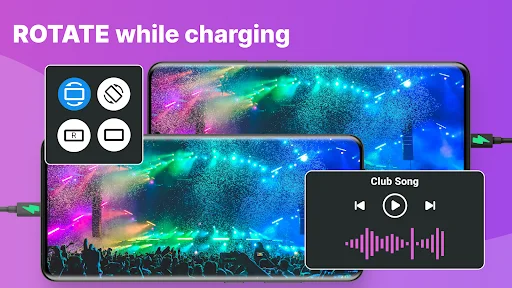 Rotate while charging capability showing vibrant tablet display with music controls and stable orientation settings