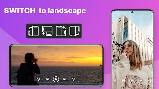 Switch to landscape view showing seamless transition from portrait phone to landscape tablet for video content