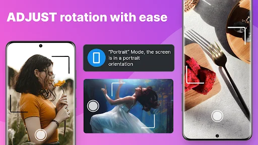 Adjust rotation with ease showing portrait mode detection with blue notification and multiple device orientation examples