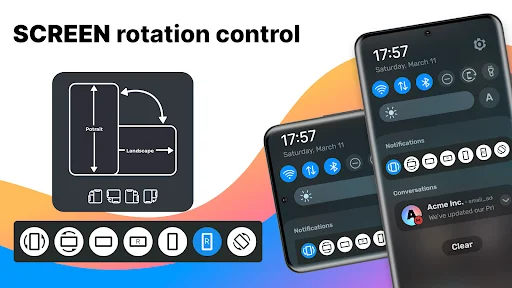 Screen Rotation Control app main interface with rotation diagram and smartphone displaying notification panel controls
