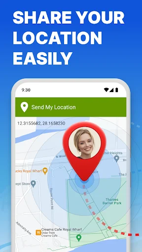 Send My Location GPS tracker app showing map interface with red location pin and coordinates for easy location sharing
