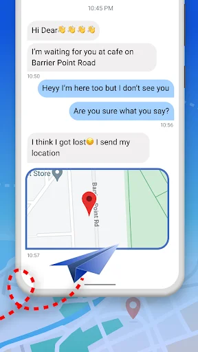 GPS location sharing via text message with embedded map showing precise coordinates and red location marker pin