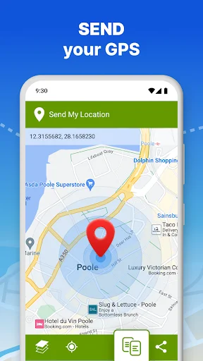 Send My Location app displaying GPS coordinates and map view with red pin marker and sharing options interface