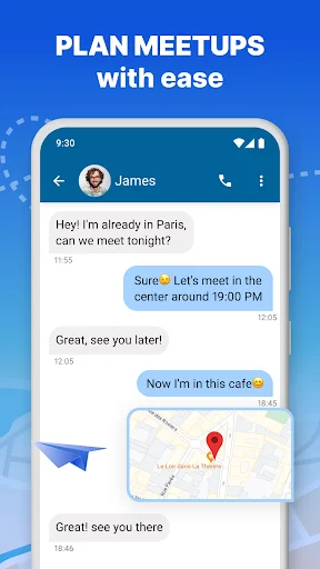 GPS tracker app chat interface showing location sharing for meetup planning with embedded map and coordinates
