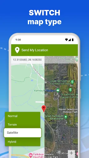 Send My Location app map settings showing Normal, Terrain, Satellite, and Hybrid view options for GPS tracking