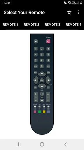 Skyworth TV Remote Controller app showing Remote 1 selection with traditional black remote featuring numeric keypad and navigation buttons