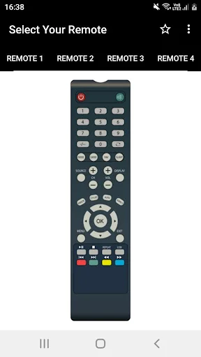 Skyworth TV Remote app Remote 2 interface displaying compact black remote control with circular navigation and colored function buttons
