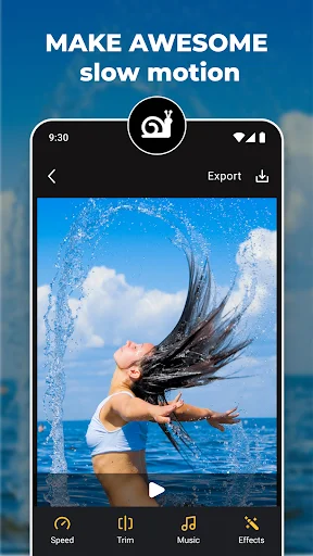 SlowMo app creating slow motion video of woman flipping hair by ocean with speed, trim, music, and effects controls