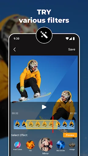 SlowMo filter application screen with snowboarding video showing various visual effects and filter selection options