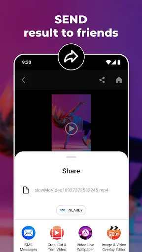 SlowMo video export and sharing screen with completed project ready to share across multiple social platforms