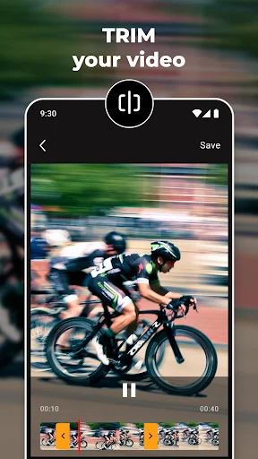 SlowMo app trimming cyclist video with motion blur effect and timeline scrubber for precise video editing