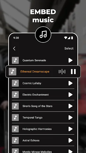 SlowMo app music library showing ambient tracks like Ethereal Dreamscape for embedding audio in slow motion videos