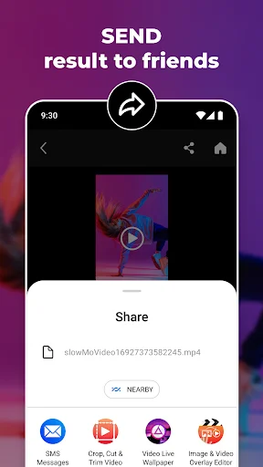 SlowMo video sharing interface with completed slow motion video and options to share via SMS, email, and social apps