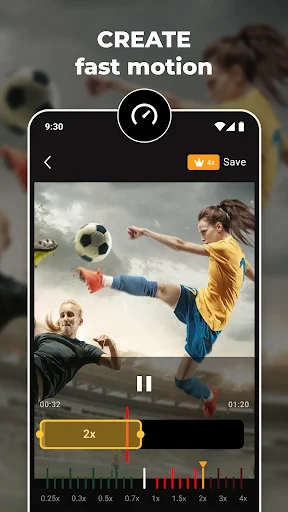 SlowMo fast motion video editor displaying soccer player kick with 2x speed setting and timeline adjustment tools