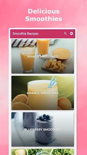 Smoothie Recipes app home screen showing mango, orange, and blueberry smoothie categories with food images